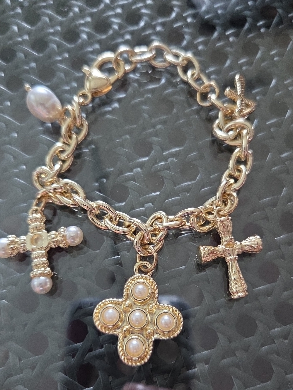 Gold Pearl Cross Charm Bracelet with Pearl Quatrefoil - Women Jewelry